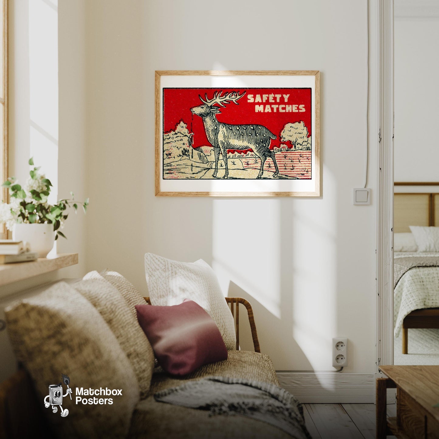 Deer Drinking Water - vintage matchbox label print - living room mockup