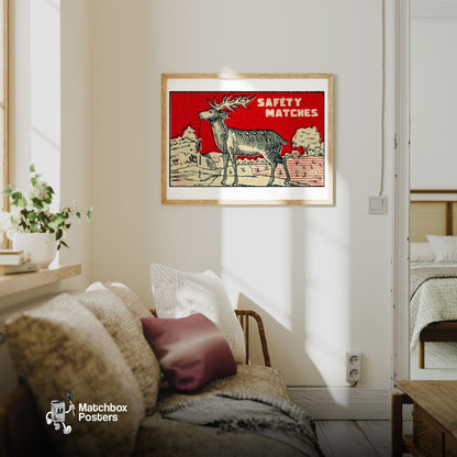 Deer Drinking Water - vintage matchbox label print - living room mockup