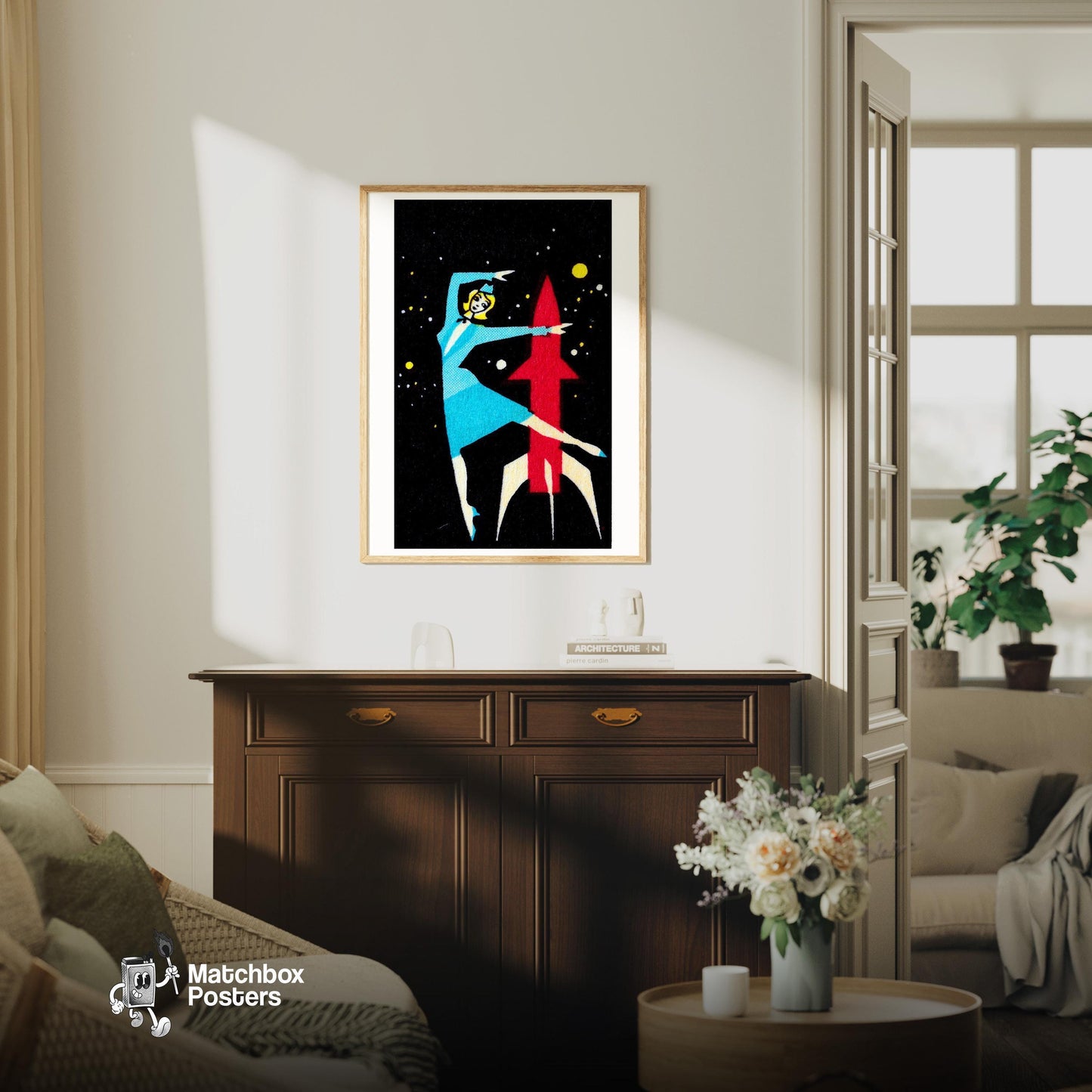Rocket Dancer - vintage matchbox label print - living room mockup