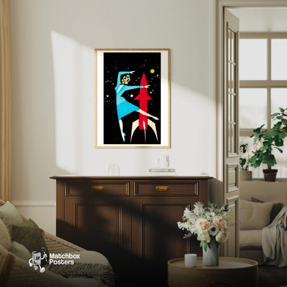 Rocket Dancer - vintage matchbox label print - living room mockup