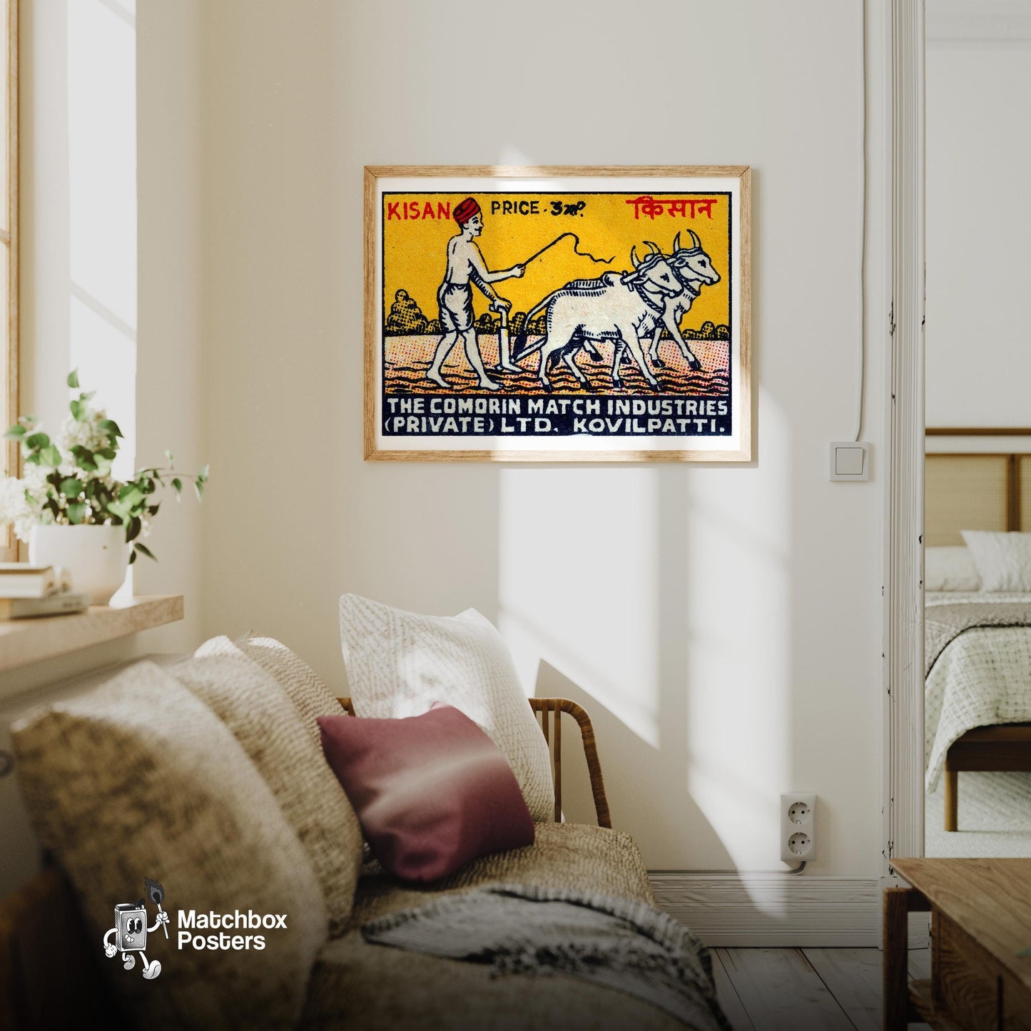 Farmer and Cows - vintage matchbox label print - living room mockup