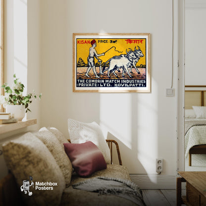 Farmer and Cows - vintage matchbox label print - living room mockup