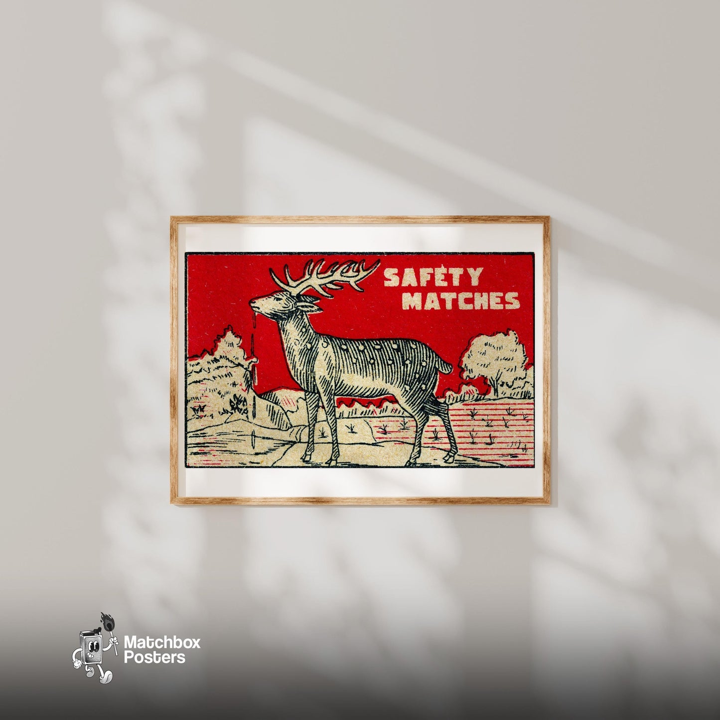Deer Drinking Water - vintage matchbox label print - bedroom mockup