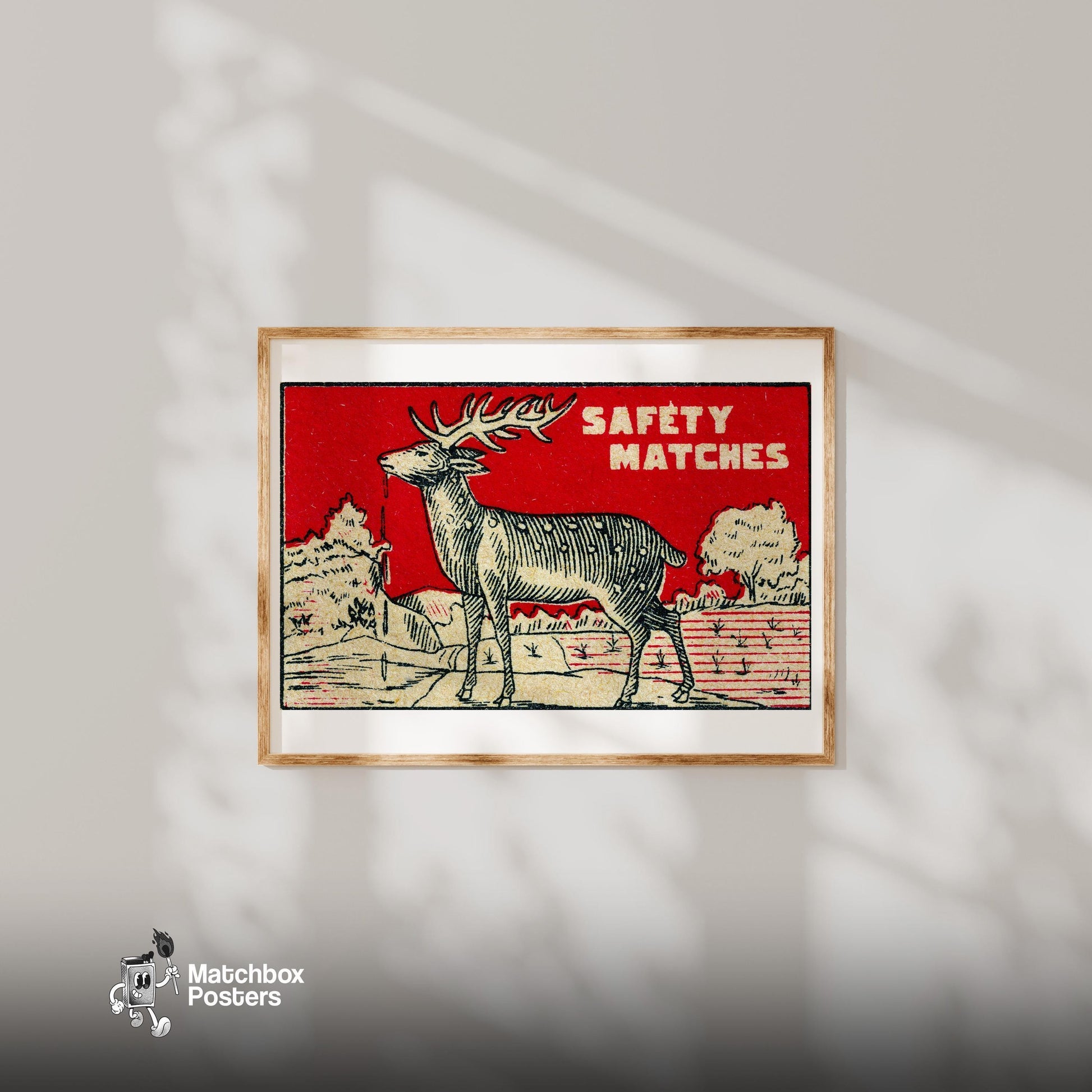 Deer Drinking Water - vintage matchbox label print - bedroom mockup