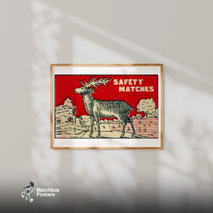 Deer Drinking Water - vintage matchbox label print - bedroom mockup