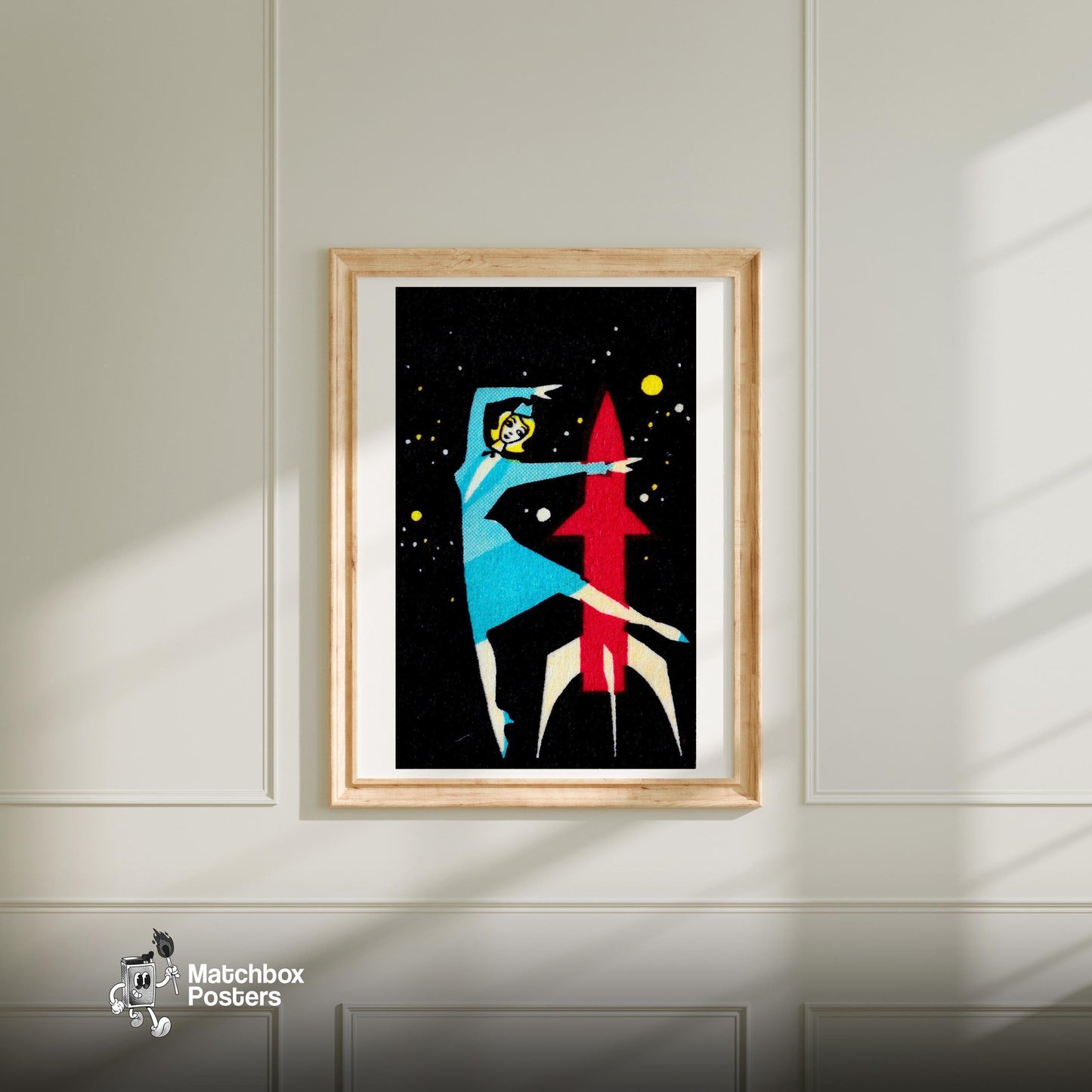 Rocket Dancer - vintage matchbox label print - bedroom mockup
