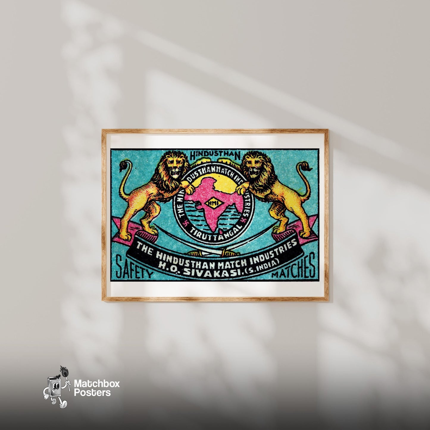 Hindustan Lions - vintage matchbox label print - bedroom mockup