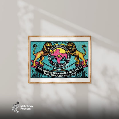 Hindustan Lions - vintage matchbox label print - bedroom mockup
