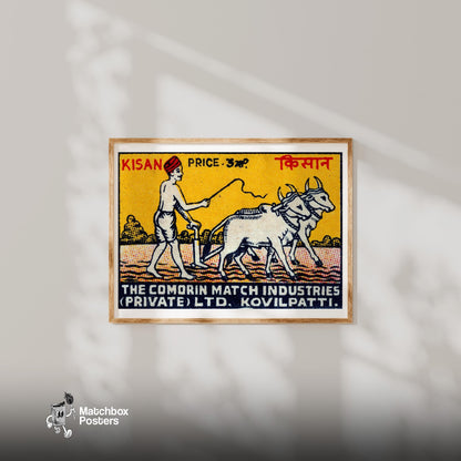 Farmer and Cows - vintage matchbox label print - bedroom mockup