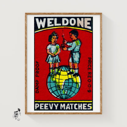 Children on Globe - vintage matchbox label print