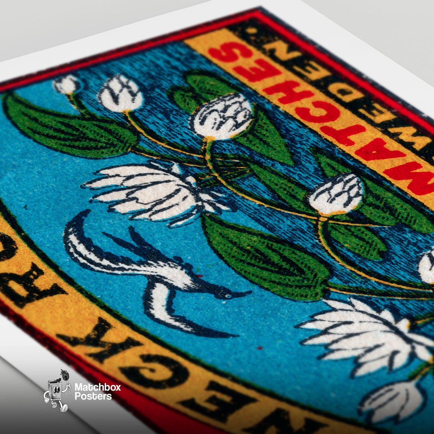 White Lotus Flowers - vintage matchbox label print - close-up detail