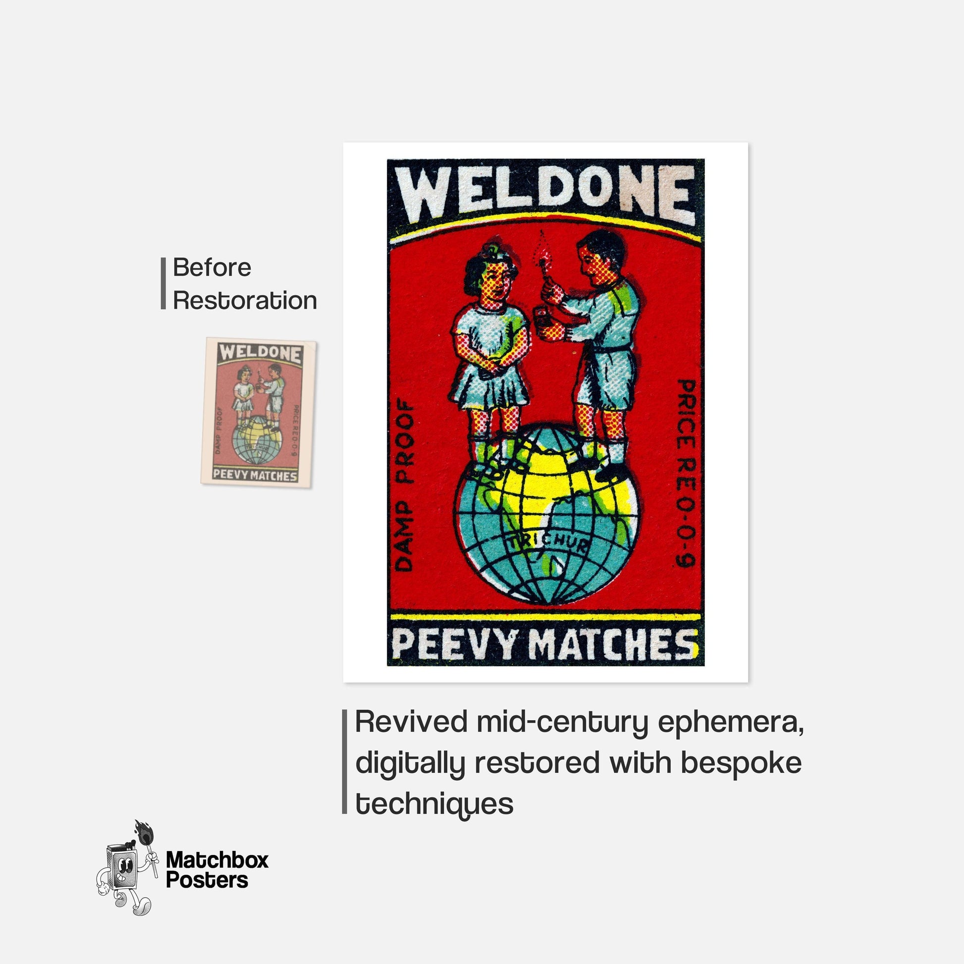 Children on Globe - vintage matchbox label print - framed wall art preview