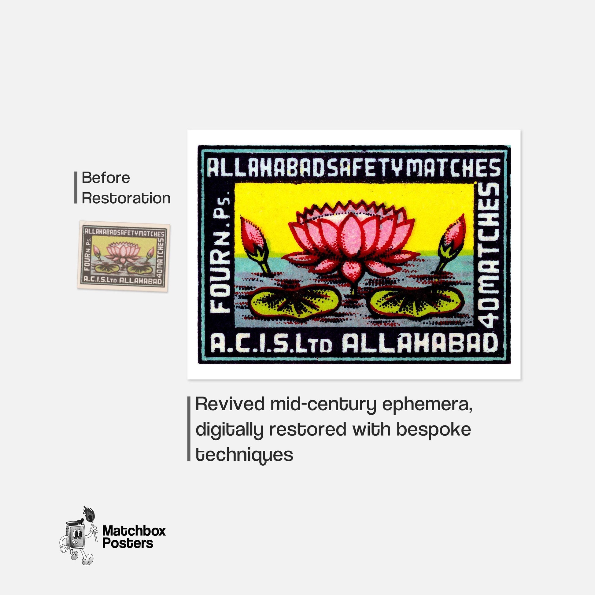 Pink Lotus Flower - vintage matchbox label print - framed wall art preview