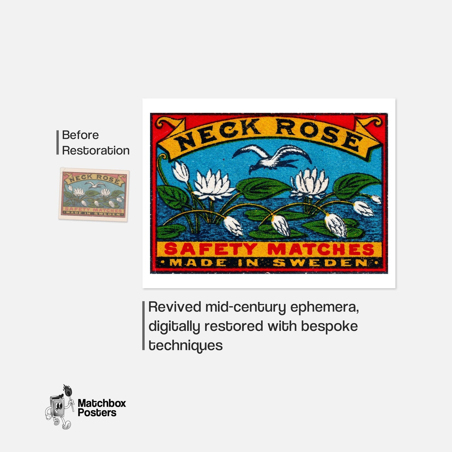 White Lotus Flowers - vintage matchbox label print - framed wall art preview