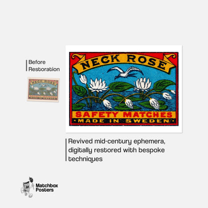White Lotus Flowers - vintage matchbox label print - framed wall art preview