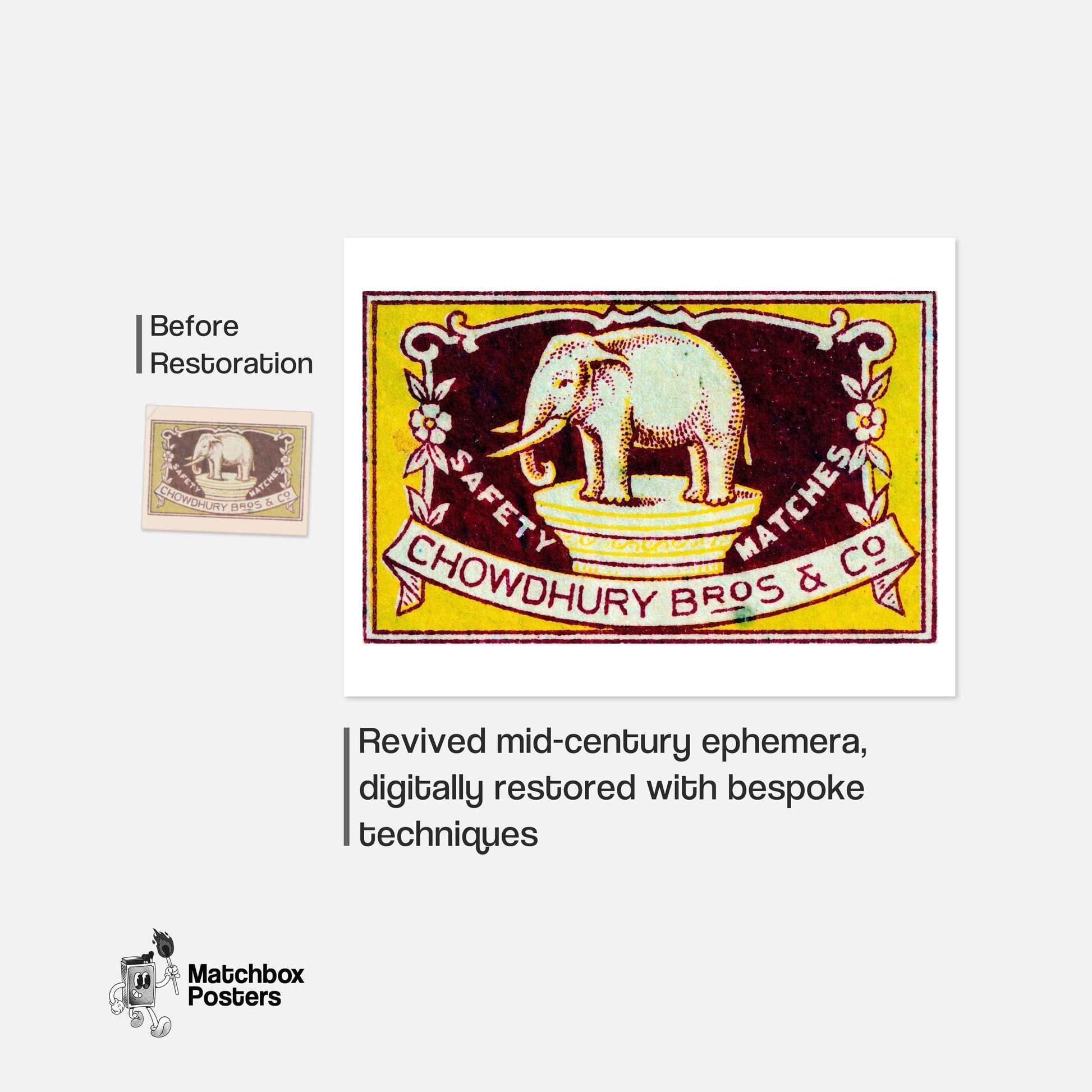 Yellow Elephant - vintage matchbox label print - framed wall art preview
