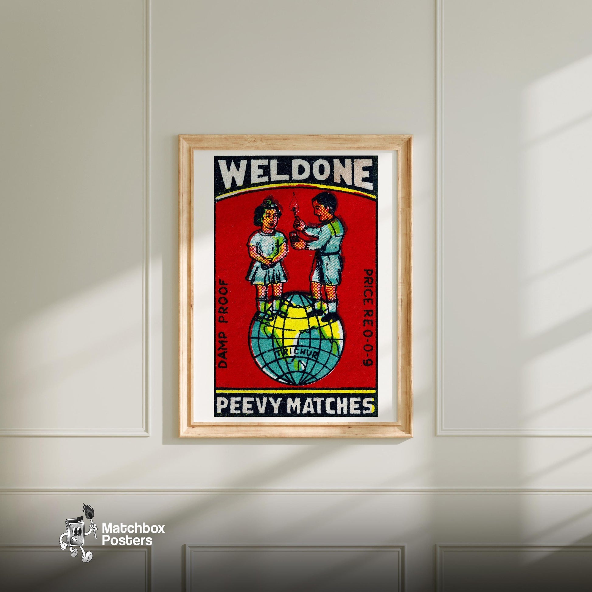 Children on Globe - vintage matchbox label print - bedroom mockup