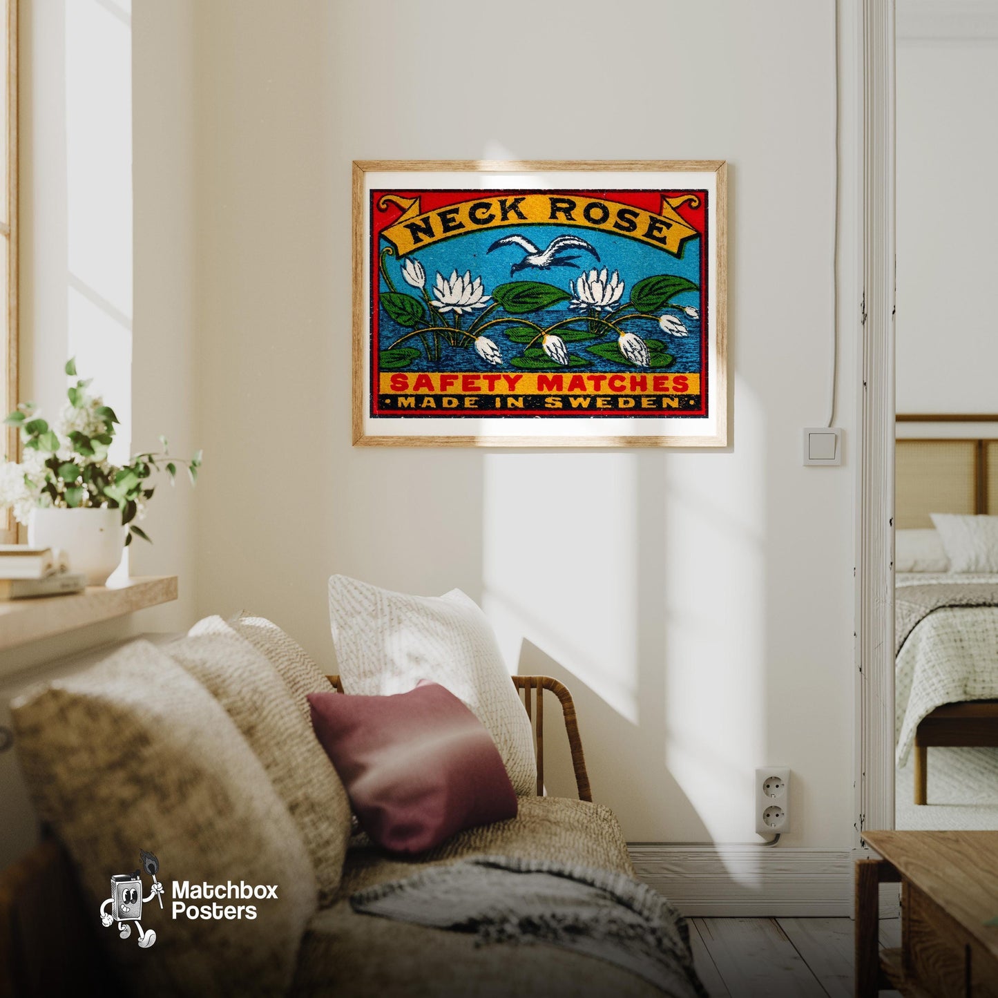 White Lotus Flowers - vintage matchbox label print - living room mockup