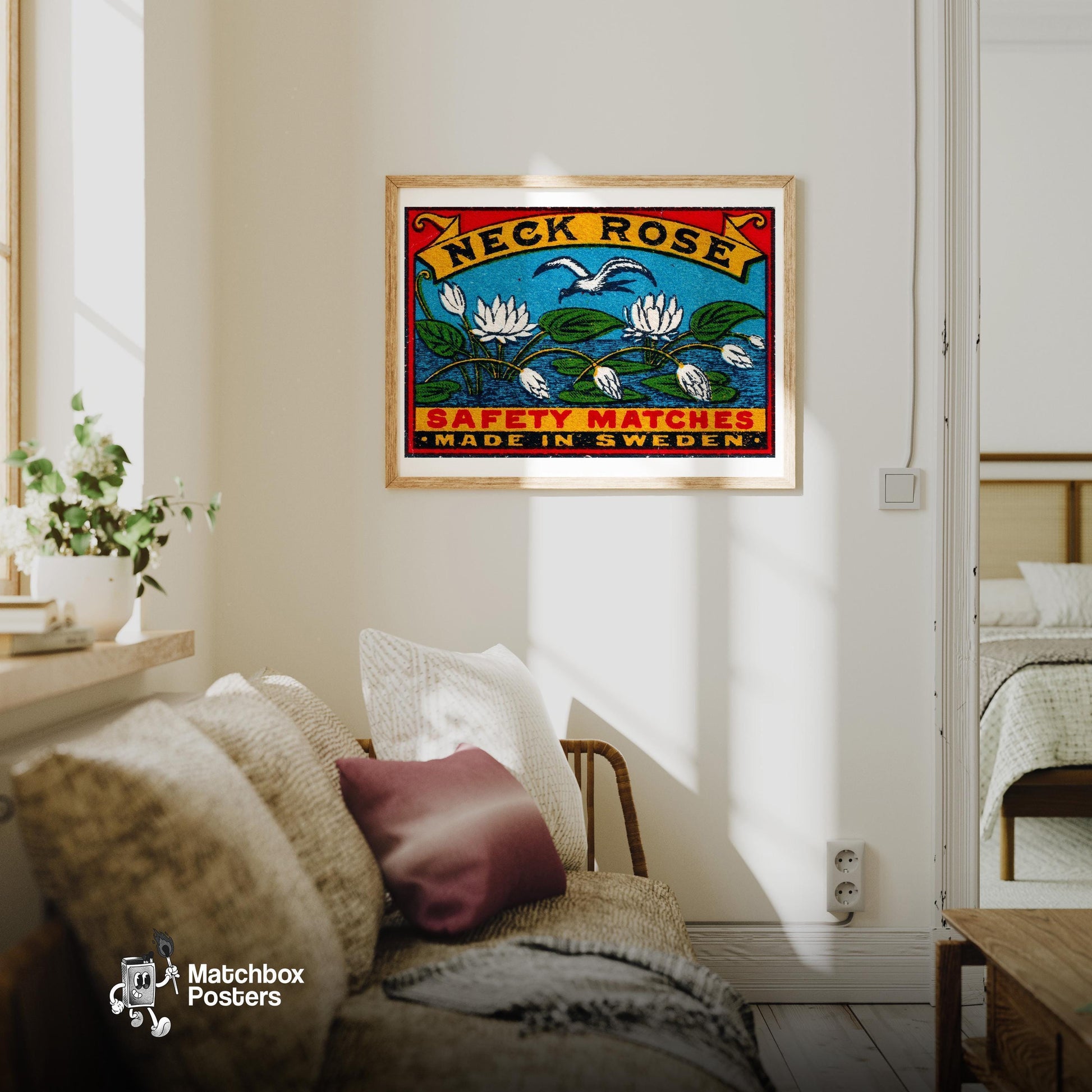 White Lotus Flowers - vintage matchbox label print - living room mockup