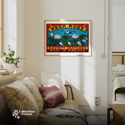 White Lotus Flowers - vintage matchbox label print - living room mockup