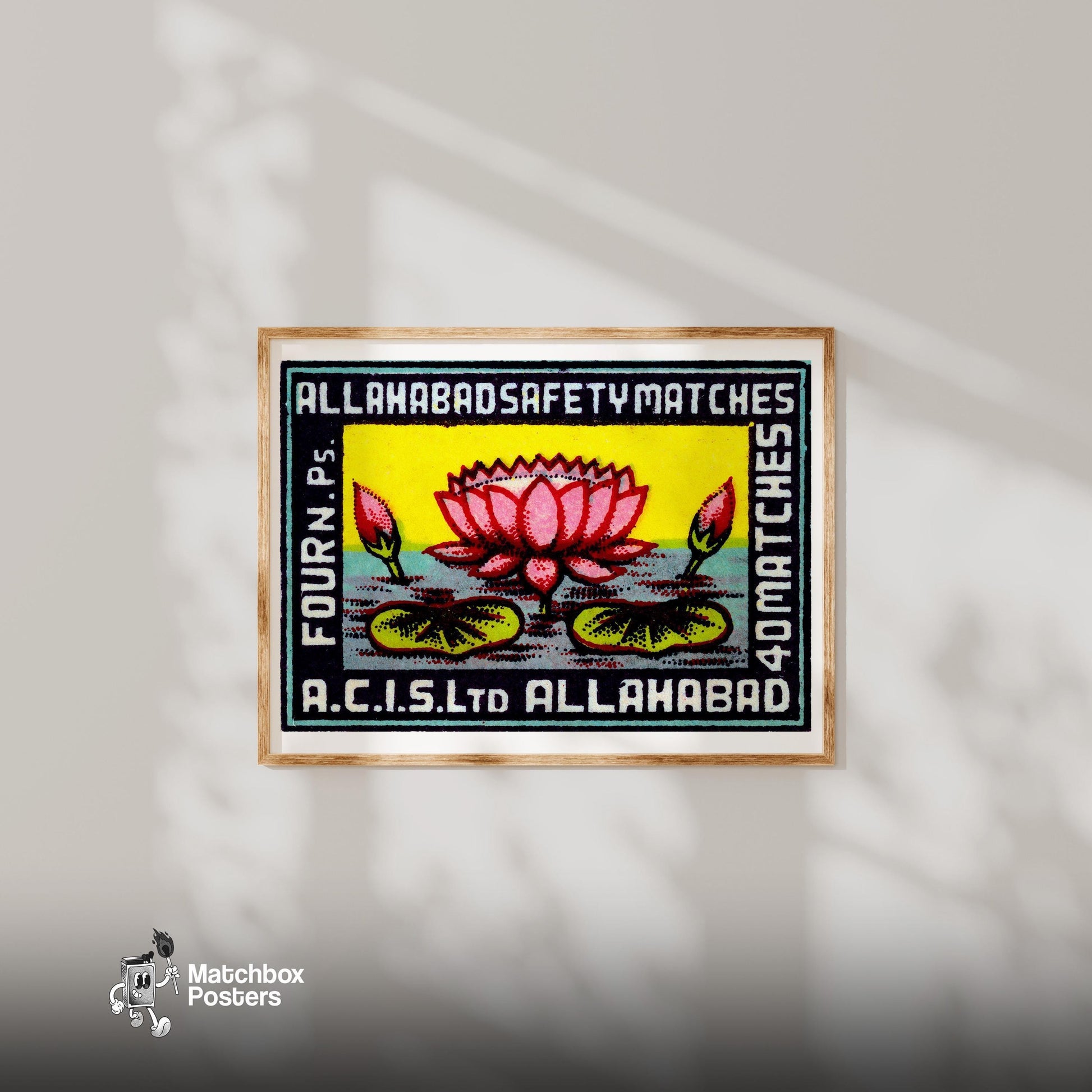 Pink Lotus Flower - vintage matchbox label print - bedroom mockup