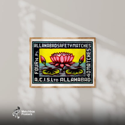 Pink Lotus Flower - vintage matchbox label print - bedroom mockup