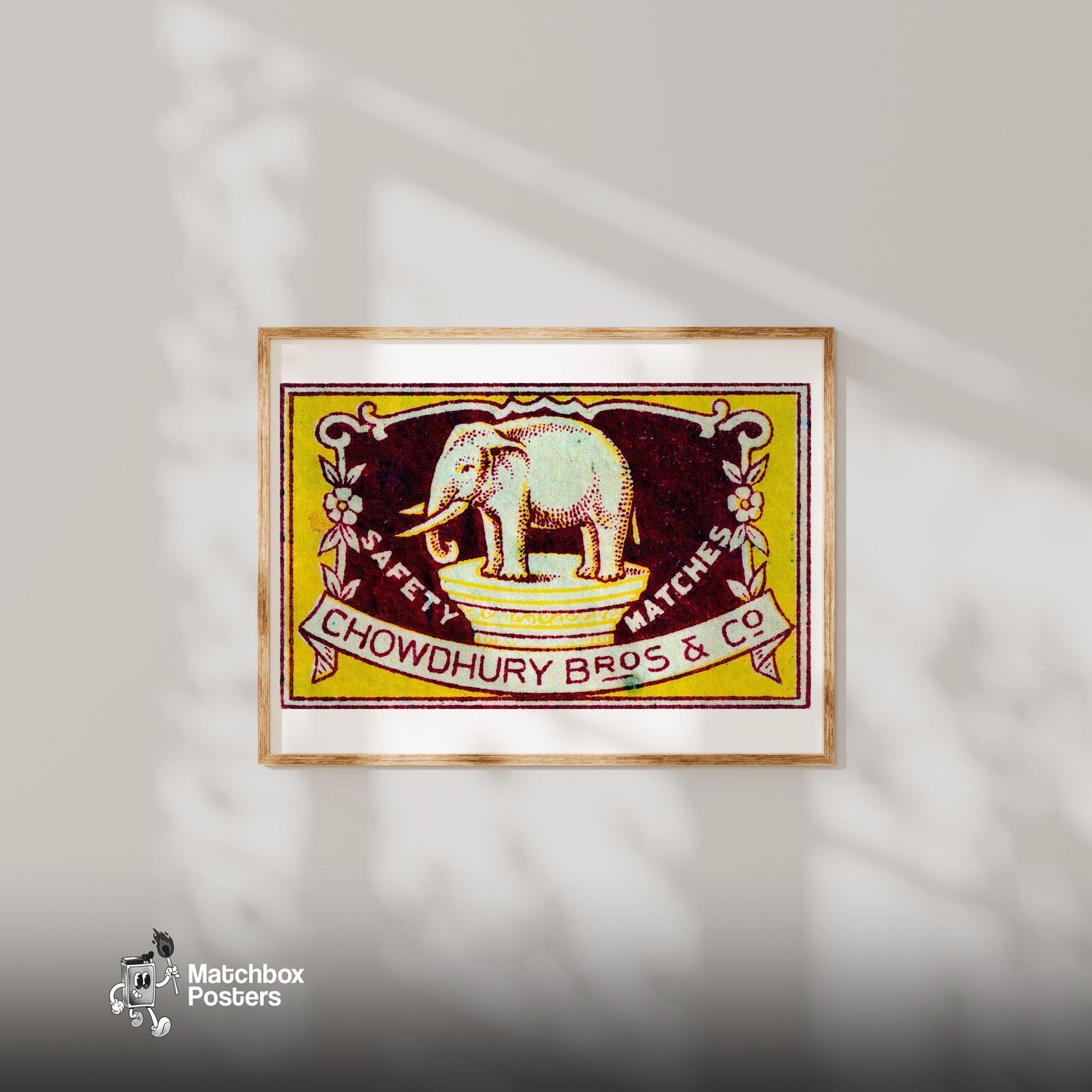 Yellow Elephant - vintage matchbox label print - bedroom mockup