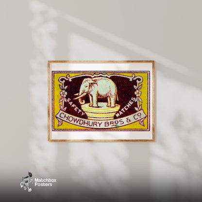 Yellow Elephant - vintage matchbox label print - bedroom mockup