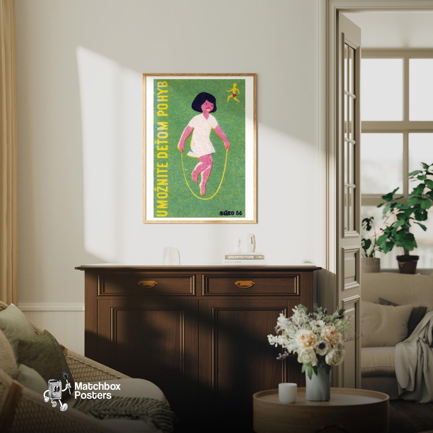 Child Skipping Rope - vintage matchbox label print - living room mockup