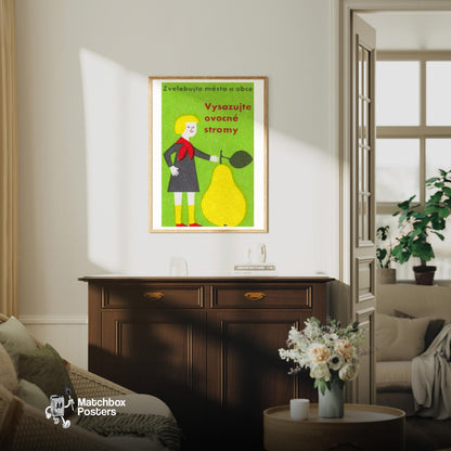 Person with Tree Sapling - vintage matchbox label print - living room mockup