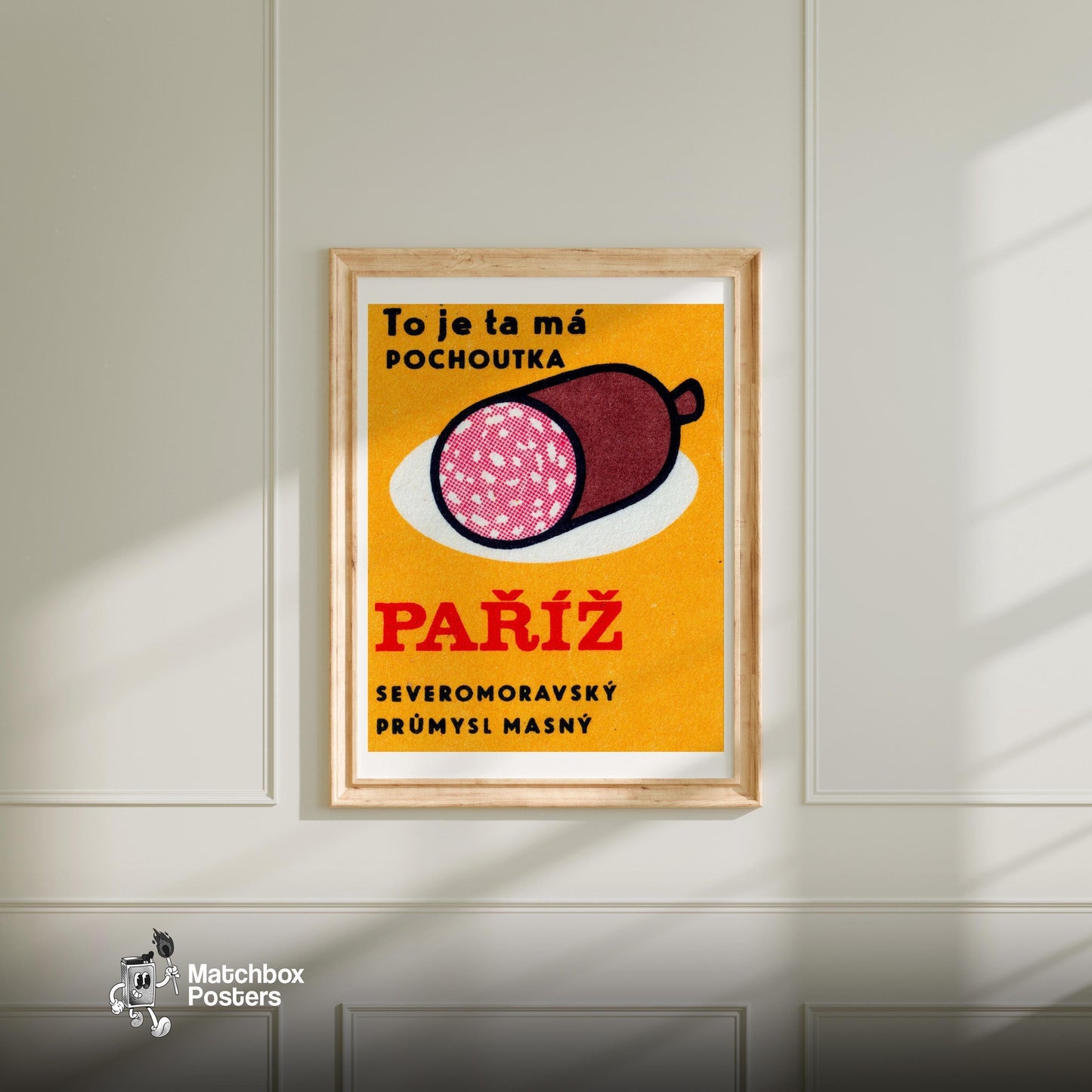 Big Sausage Yellow - vintage matchbox label print - bedroom mockup