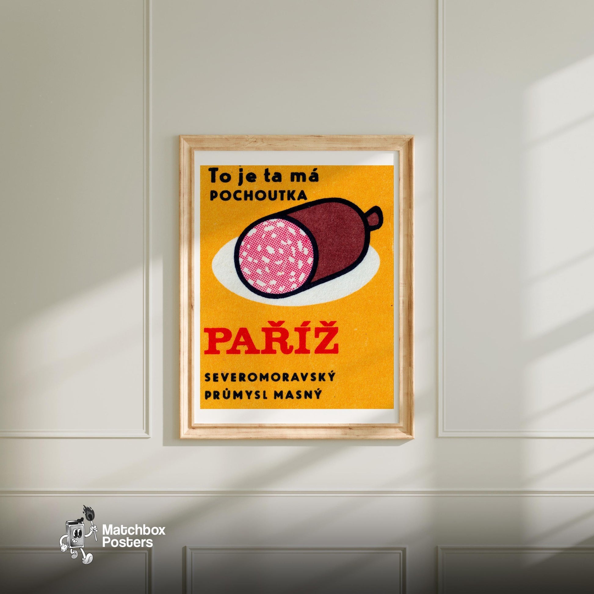 Big Sausage Yellow - vintage matchbox label print - bedroom mockup