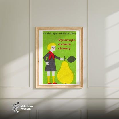 Person with Tree Sapling - vintage matchbox label print - bedroom mockup