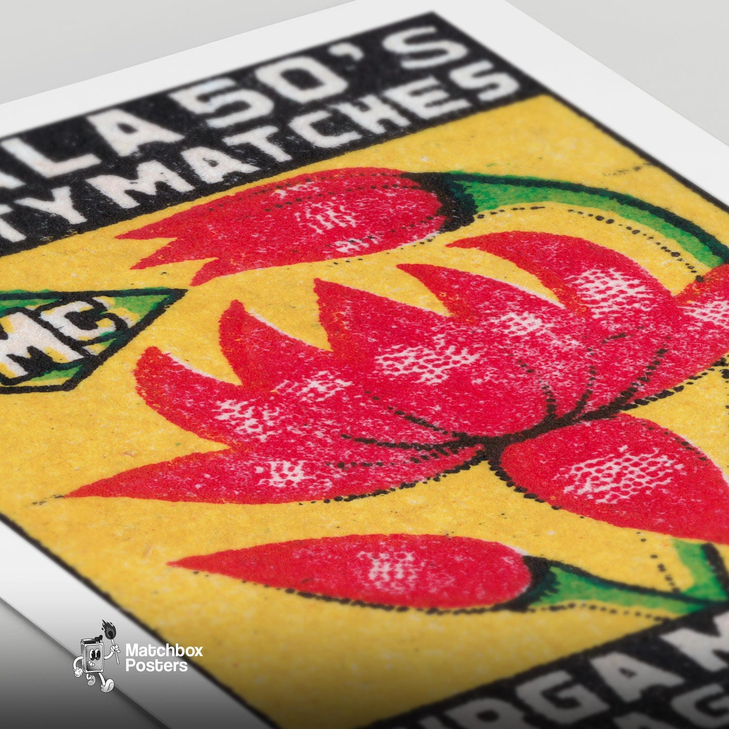 Red Lotus Flower - vintage matchbox label print - close-up detail