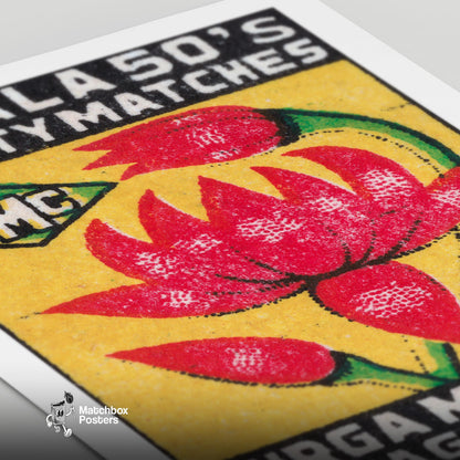 Red Lotus Flower - vintage matchbox label print - close-up detail