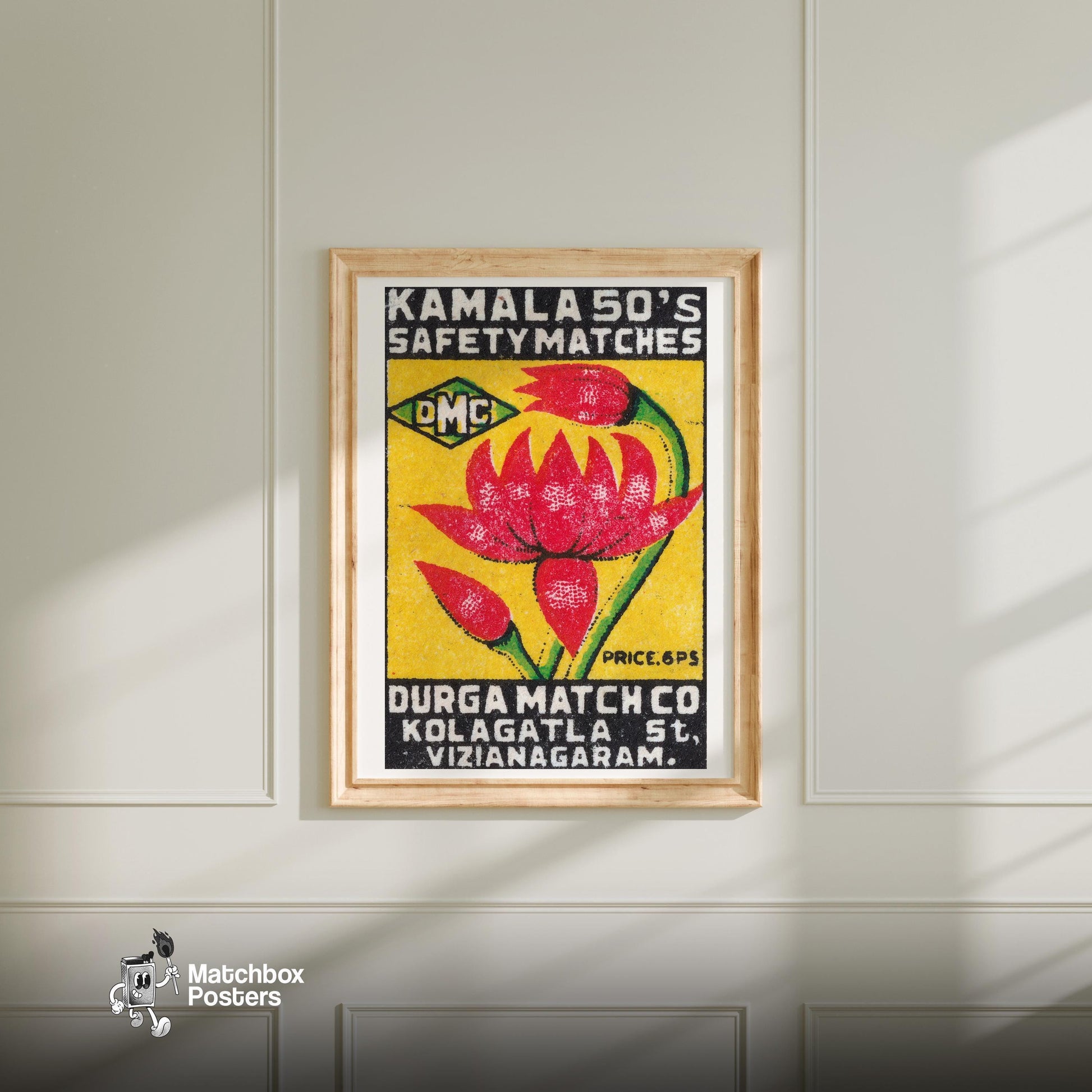 Red Lotus Flower - vintage matchbox label print - bedroom mockup