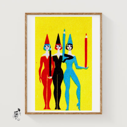 Three Women with Pencils - vintage matchbox label print