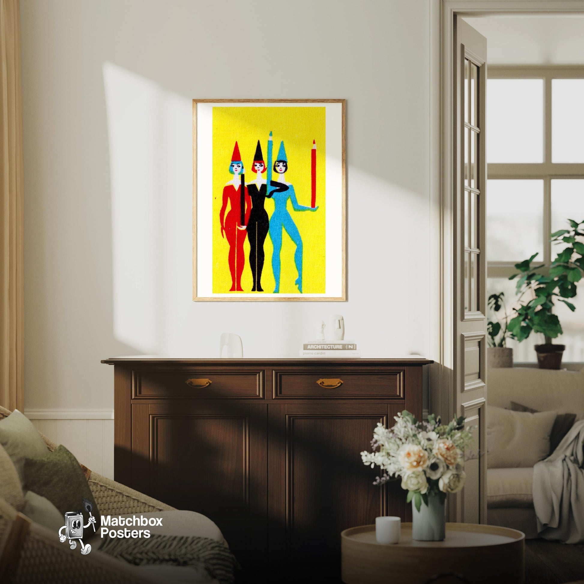 Three Women with Pencils - vintage matchbox label print - living room mockup