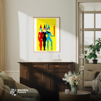 Three Women with Pencils - vintage matchbox label print - living room mockup