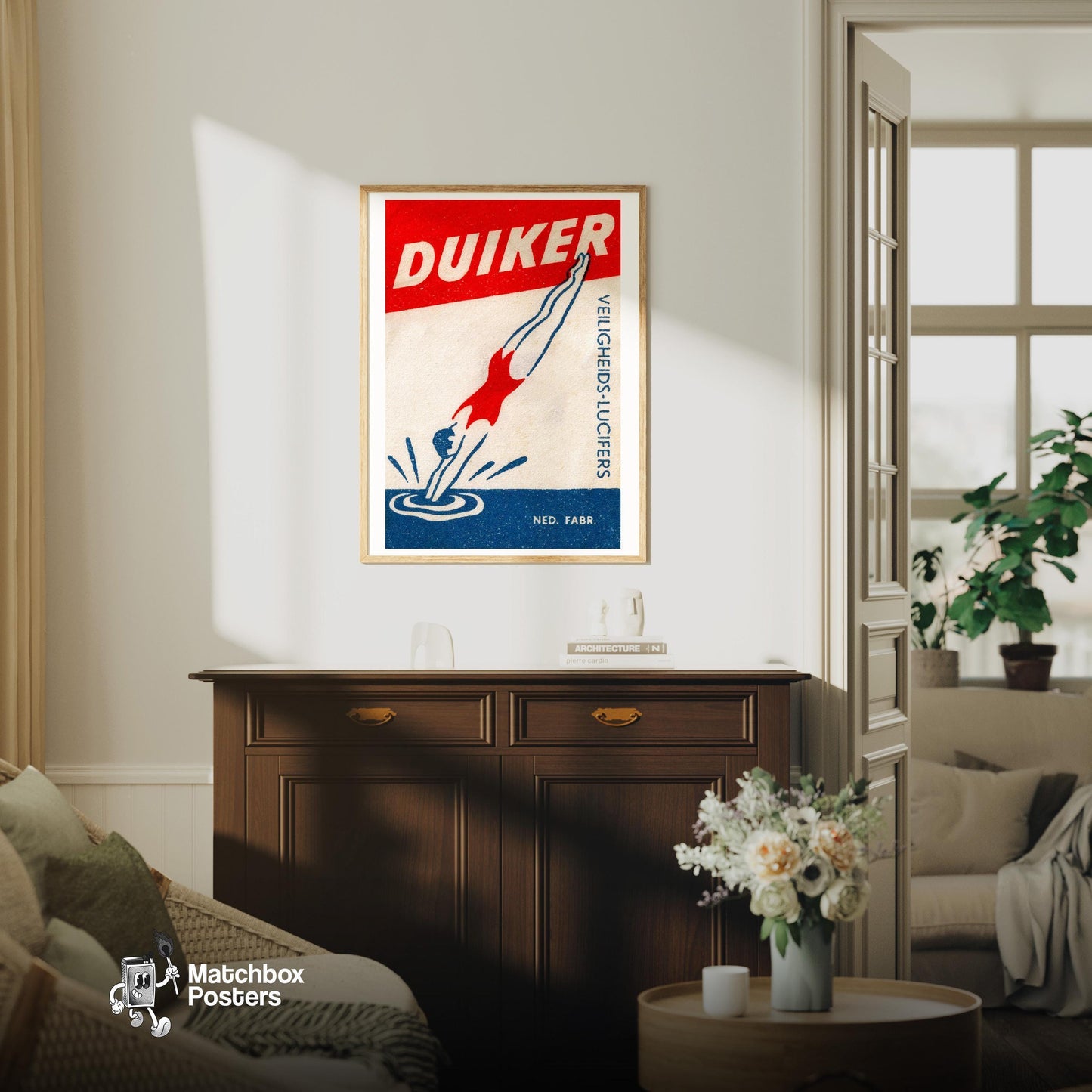 Diver - vintage matchbox label print - living room mockup