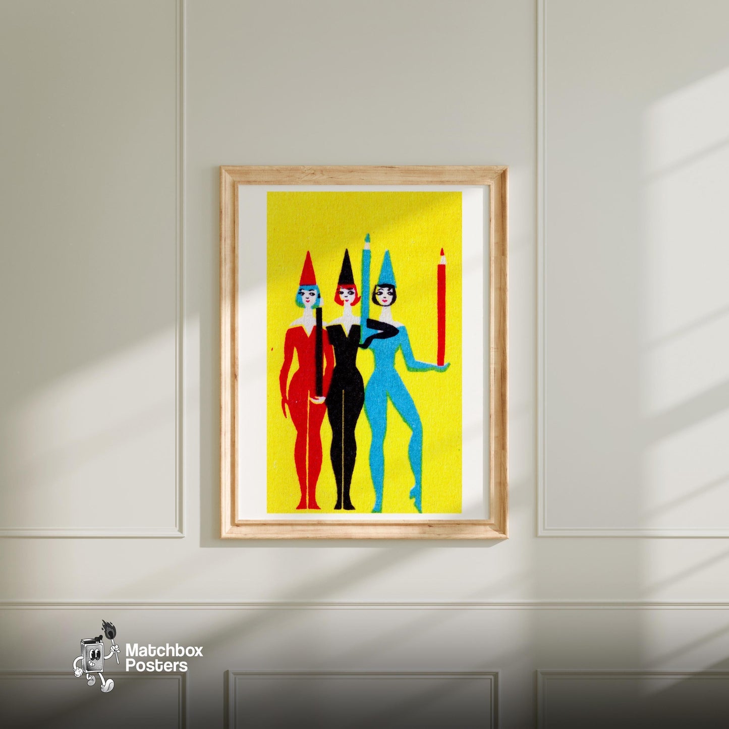 Three Women with Pencils - vintage matchbox label print - bedroom mockup
