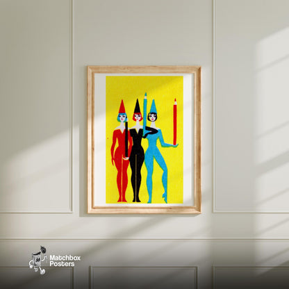 Three Women with Pencils - vintage matchbox label print - bedroom mockup