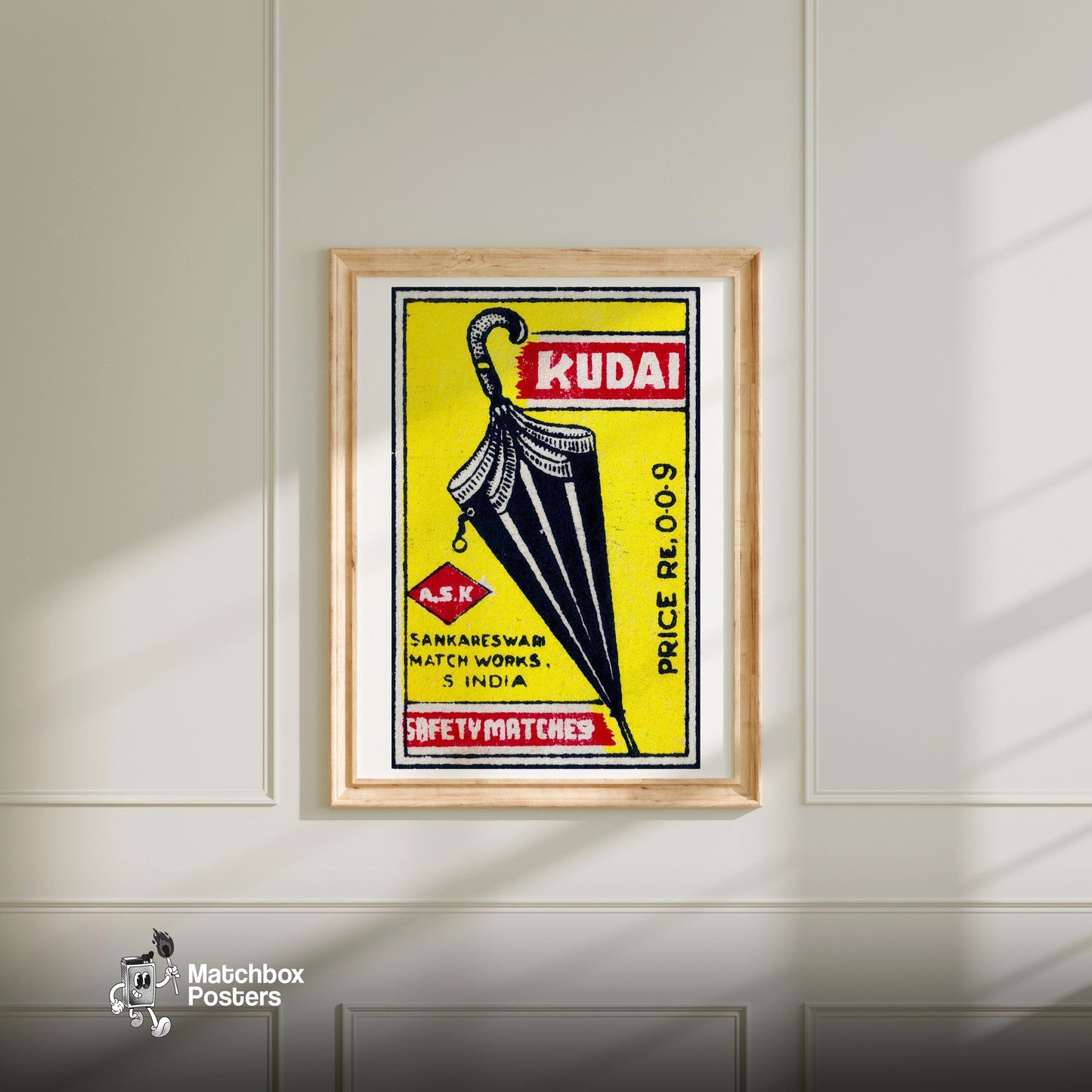 Black Umbrella - vintage matchbox label print - bedroom mockup