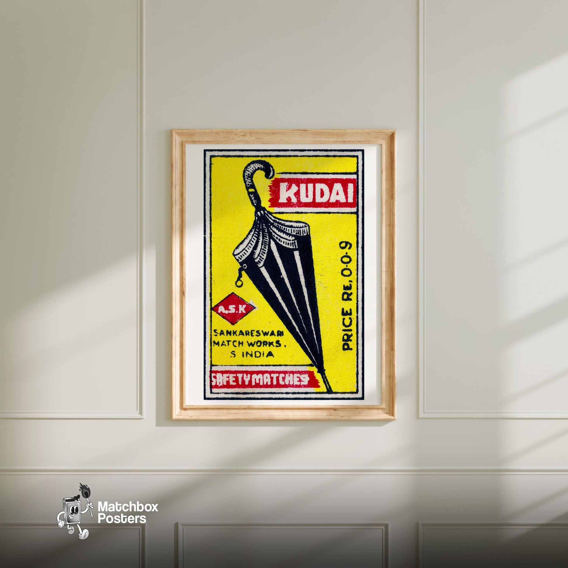 Black Umbrella - vintage matchbox label print - bedroom mockup