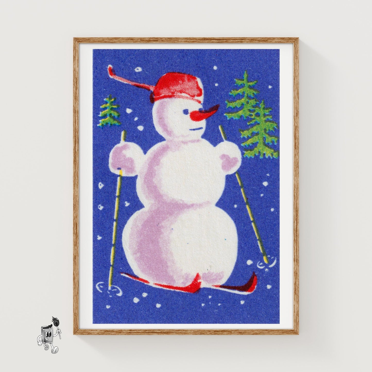 Snowman Skiing - vintage matchbox label print