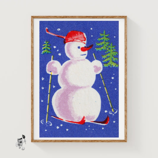 Snowman Skiing - vintage matchbox label print