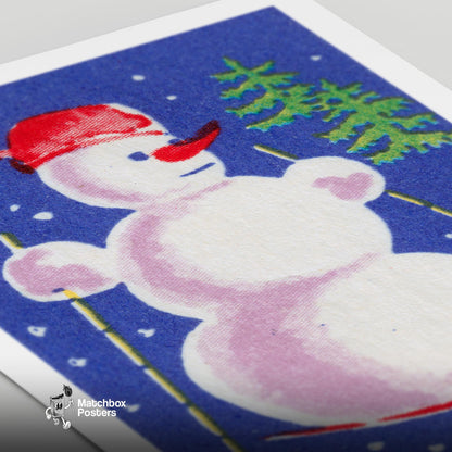 Snowman Skiing - vintage matchbox label print - close-up detail