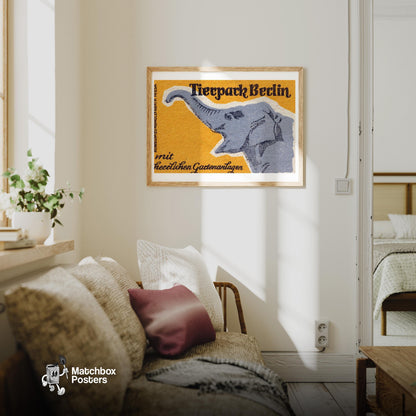 Orange Elephant - vintage matchbox label print - living room mockup