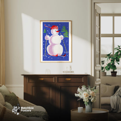Snowman Skiing - vintage matchbox label print - living room mockup
