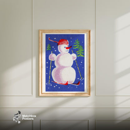 Snowman Skiing - vintage matchbox label print - bedroom mockup